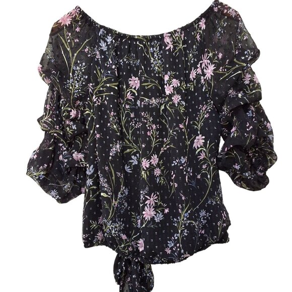 CeCe Floral Off-The-Shoulder Lantern Sleeve Black Top Womens Sz M - Picture 4 of 8